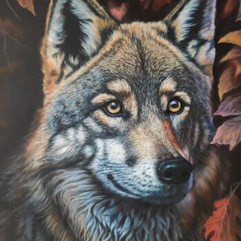 Painting titled "Wolf" by Elena Kozyutenko, Original Artwork, Oil Mounted on Wood Stretcher frame