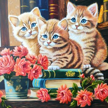 Peinture intitulée "Kittens in the libr…" par Elena Kozyutenko, Œuvre d'art originale, Huile
