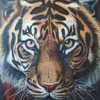 Painting titled "Tiger look" by Elena Kozyutenko, Original Artwork, Oil Mounted on Wood Stretcher frame