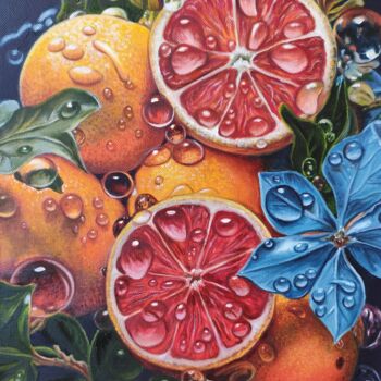 Painting titled "Grapefruits" by Elena Kozyutenko, Original Artwork, Oil Mounted on Wood Stretcher frame