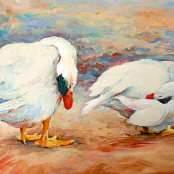 Schilderij getiteld "Couple of ducks." door Elena Kudryashova, Origineel Kunstwerk, Olie