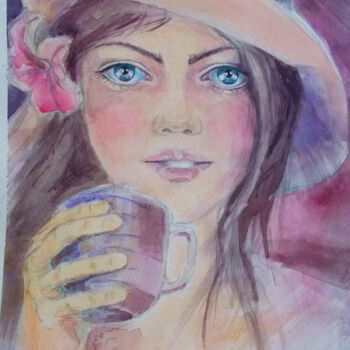 Картина под названием "За чашкой чая" - Elena Kurnosova, Подлинное произведение искусства, Акварель