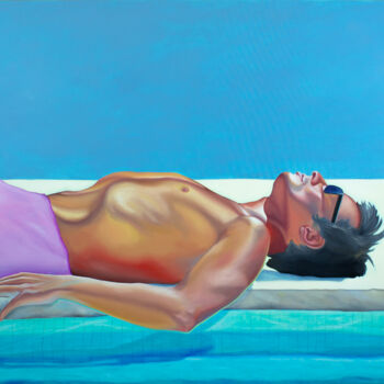 Painting titled "1969. LA PISCINE. A…" by Elena Kurochko, Original Artwork, Oil Mounted on Wood Stretcher frame