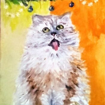Pintura intitulada "Oil Cat Cardboard N…" por Elena Lazarenko, Obras de arte originais, Óleo