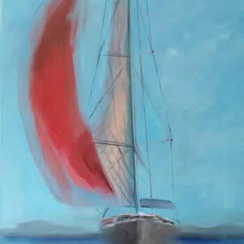 Painting titled "Red sailboat" by Elena Mardashova, Original Artwork, Oil