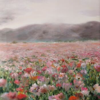 Schilderij getiteld "Field of pink flowe…" door Elena Mardashova, Origineel Kunstwerk, Olie