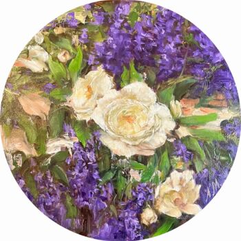 Painting titled "Roses and Lavender" by Elena Mashajeva-Agraphiotis, Original Artwork, Oil
