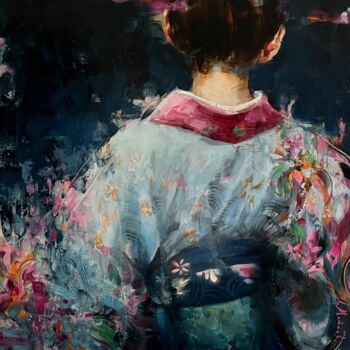 Painting titled "GIRL IN BLUE KIMONO" by Elena Mashajeva-Agraphiotis, Original Artwork, Oil