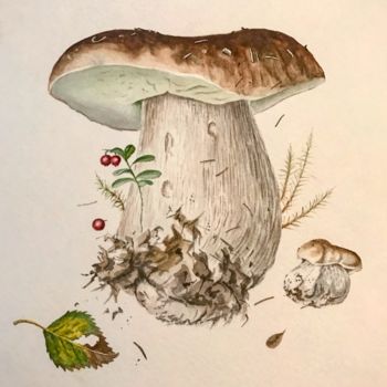 Painting titled "White mushroom" by Elena Maslova, Original Artwork, Watercolor
