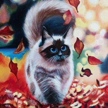 绘画 标题为“Cat in autumn” 由Elena Mironova, 原创艺术品, 油 安装在木质担架架上