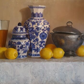 Peinture intitulée "Натюрморт с лимонами" par Elena Nikolaeva, Œuvre d'art originale, Huile