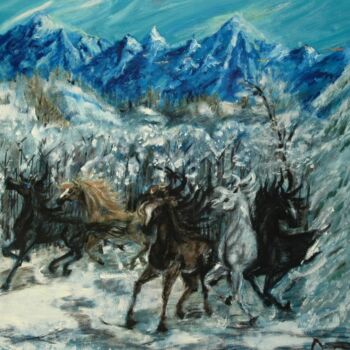 Painting titled "Снежные кони. Snow…" by Elena Ordikova, Original Artwork, Oil