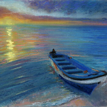 Dessin intitulée "Boat. Sea at sunset…" par Elena Petrova, Œuvre d'art originale, Pastel