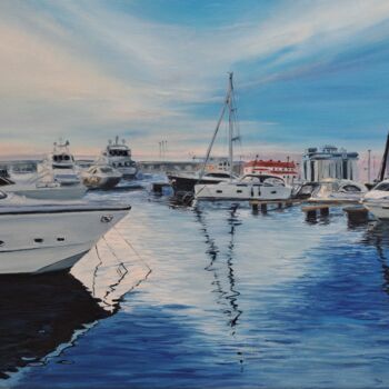 Painting titled "Port. Yachts" by Elena Petrova, Original Artwork, Oil