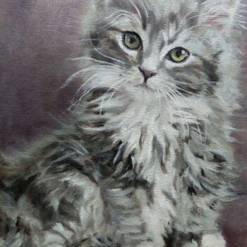 Painting titled "Tabby kitten" by Elena Petrova, Original Artwork, Oil Mounted on Wood Stretcher frame