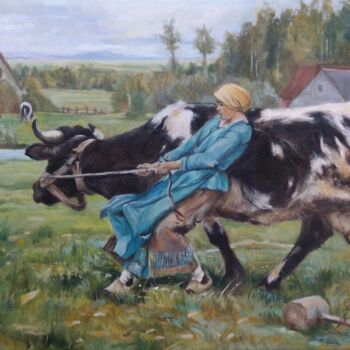 Peinture intitulée "Pulling cow" par Elena Petrova, Œuvre d'art originale, Huile Monté sur Châssis en bois