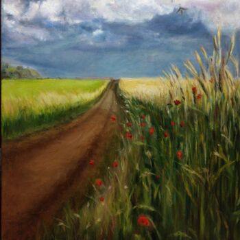 Картина под названием "Field before the ra…" - Elena Petrova, Подлинное произведение искусства, Масло Установлен на Деревянн…
