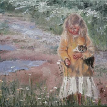 Painting titled "Whiteflower meadow" by Elena Petrova, Original Artwork, Oil