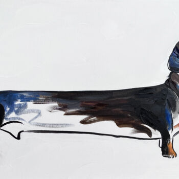 Painting titled "Dachshund" by Elena Petunina, Original Artwork, Oil Mounted on Wood Stretcher frame