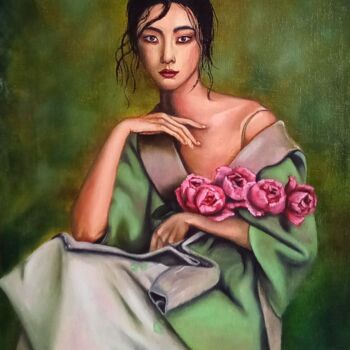 Painting titled "Girl with roses" by Elena Pimenova, Original Artwork, Oil