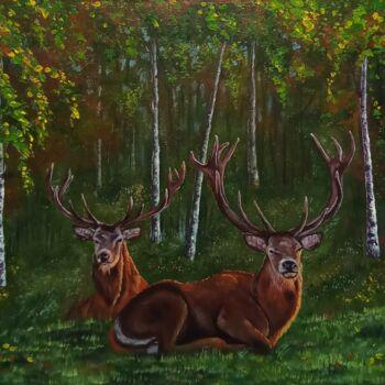 Ζωγραφική με τίτλο "Two deer in the for…" από Елена Пименова, Αυθεντικά έργα τέχνης, Λάδι