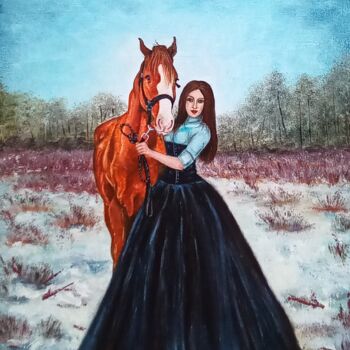 Картина под названием "Женщина с рыжей лош…" - Елена Пименова, Подлинное произведение искусства, Масло