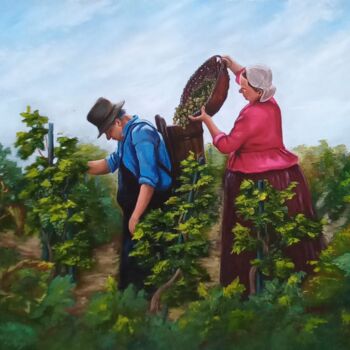 Schilderij getiteld "Grape harvesting." door Elena Pimenova, Origineel Kunstwerk, Olie