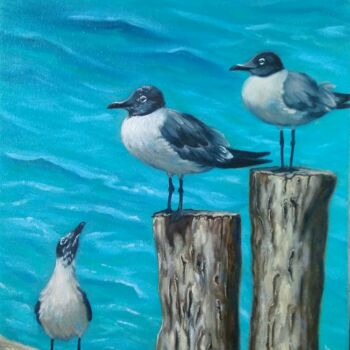 Картина под названием "Seagulls on the med…" - Елена Пименова, Подлинное произведение искусства, Масло