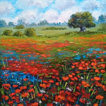 Schilderij getiteld "Poppy field." door Elena Pimenova, Origineel Kunstwerk, Olie