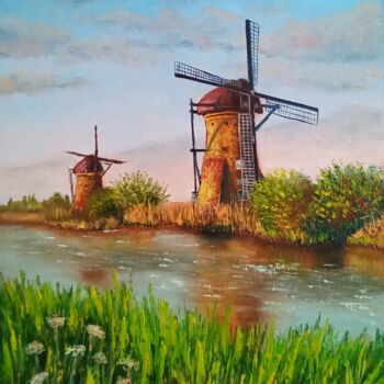 Schilderij getiteld "Mill by the river." door Elena Pimenova, Origineel Kunstwerk, Olie