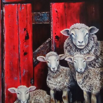 Schilderij getiteld "Sheep in the barn." door Elena Pimenova, Origineel Kunstwerk, Olie