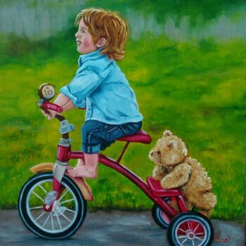 Malerei mit dem Titel "Boy on a bike." von Elena Pimenova, Original-Kunstwerk, Öl