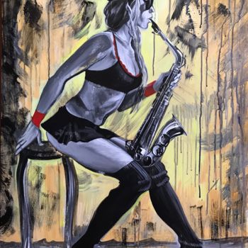 Malerei mit dem Titel "Woman with saxophone" von Elena Podmarkowa, Original-Kunstwerk, Acryl