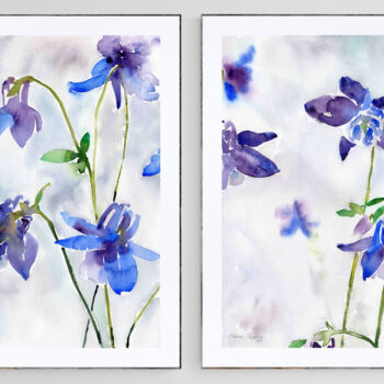 Schilderij getiteld "Blue flowers - wate…" door Elena Poigina, Origineel Kunstwerk, Aquarel