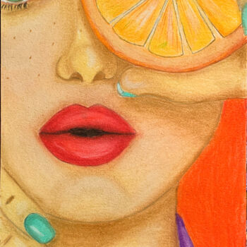 Disegno intitolato "Woman face orange p…" da Elena Polak, Opera d'arte originale, Pastello
