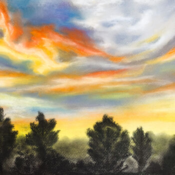 Dessin intitulée "Sunset in the fores…" par Elena Polak, Œuvre d'art originale, Pastel