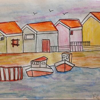 Zeichnungen mit dem Titel "Village de pêcheurs" von Eléna Rainaud, Original-Kunstwerk, Pastell