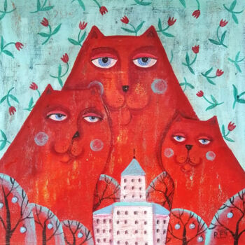 「Cat family」というタイトルの絵画 Елена Разинаによって, オリジナルのアートワーク, アクリル ウッドストレッチャーフレームにマウント
