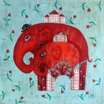 「Elephants for luck」というタイトルの絵画 Елена Разинаによって, オリジナルのアートワーク, アクリル ウッドストレッチャーフレームにマウント