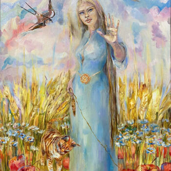 Painting titled "Bereginya Mother Ma…" by Elena Reutova, Original Artwork, Oil Mounted on Wood Stretcher frame