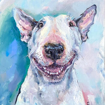 Malarstwo zatytułowany „Bull Terrier. Smili…” autorstwa Elena Reutova, Oryginalna praca, Olej Zamontowany na Drewniana rama…