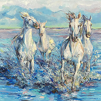 Painting titled "Running white horse…" by Elena Reutova, Original Artwork, Oil Mounted on Wood Stretcher frame