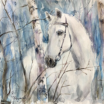 Painting titled "A white horse among…" by Elena Reutova, Original Artwork, Watercolor