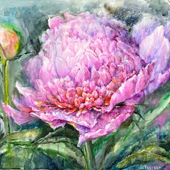 Pintura intitulada "Pink peony in water…" por Elena Reutova, Obras de arte originais, Aquarela