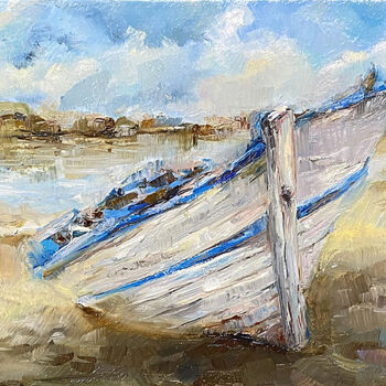 Painting titled "Boat on the shore." by Elena Reutova, Original Artwork, Oil Mounted on Wood Stretcher frame