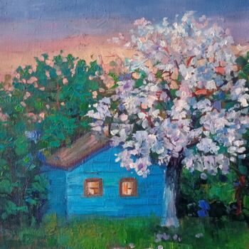 Peinture intitulée "Spring sunset, wood…" par Elena Rozhko, Œuvre d'art originale, Huile