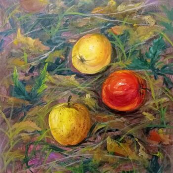 Peinture intitulée "Pomme et kaki Dipty…" par Elena Rozhko, Œuvre d'art originale, Huile Monté sur Châssis en bois