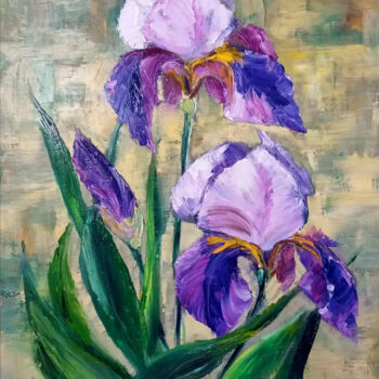Картина под названием "Fleurs Iris,peintur…" - Елена Рожко, Подлинное произведение искусства, Масло
