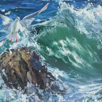 Картина под названием "Волна и чайка" - Елена Самойлик, Подлинное произведение искусства, Масло Установлен на Деревянная рам…