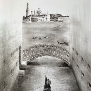 Dessin intitulée "Lasciando Venezia" par Elena Semina, Œuvre d'art originale, Fusain